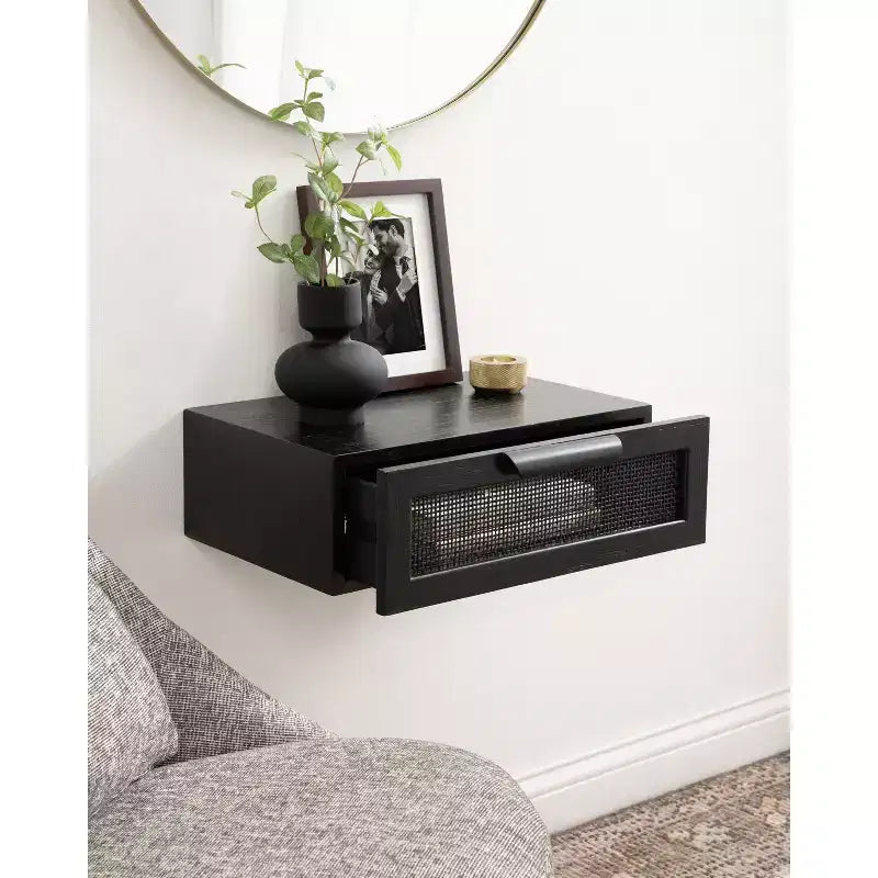 Kate and Laurel Ori Floating Side Table Rattan, 18x13x6, Black