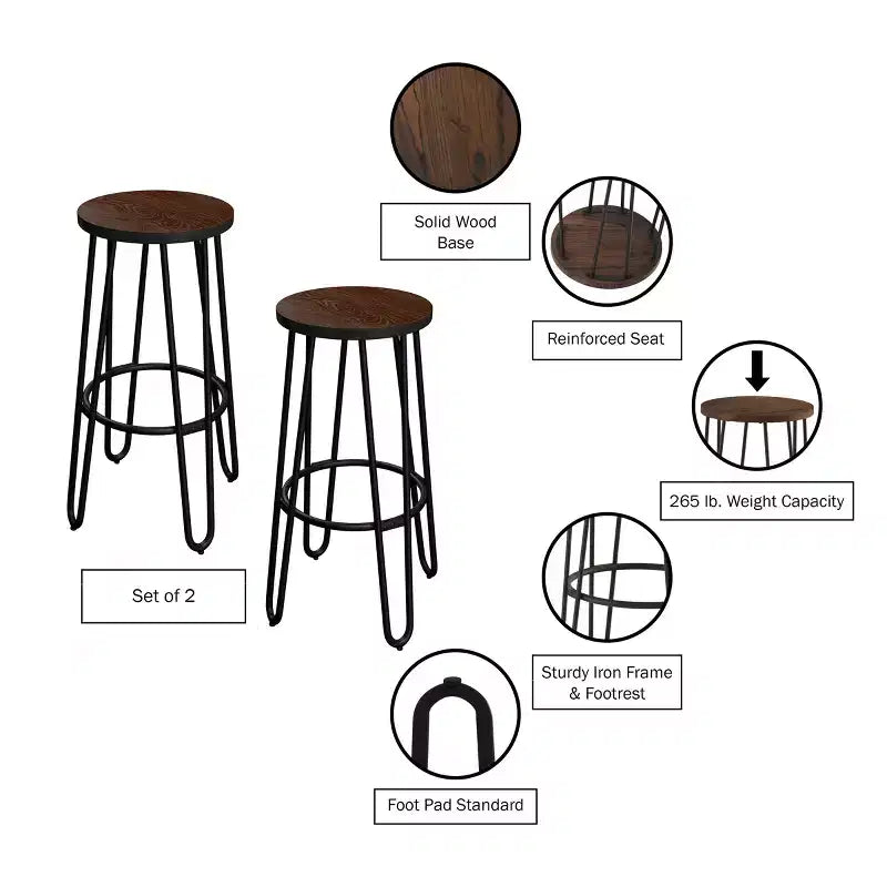 Lavish Home Set di 2 Sgabelli da Bar Altezza Bancone - Sgabelli da Bar Rotondi in Legno con Gambe a Forcina