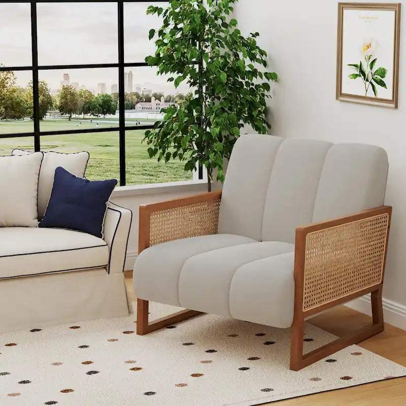 Poltroncine in Rattan, Sedia in Rattan Naturale Imbottita Poltrona in Lino Mid-Century Modern Side Chair per Soggiorno Camera da Letto