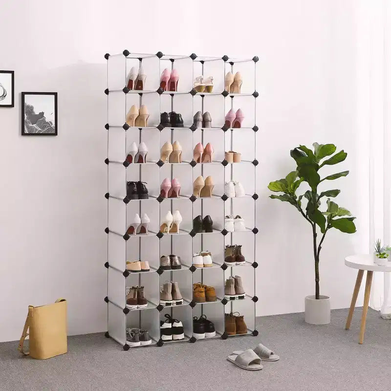 SONGMICS Shoe Rack - Space-Saving 28-Slot Plastic Shoe Storage Organizer Transparent