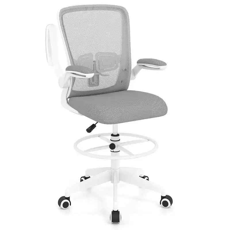 Costway Adjustable Swivel Drafting Chair with Flip-Up Armrests Adjustable Lumbar Support Black&White/Black
