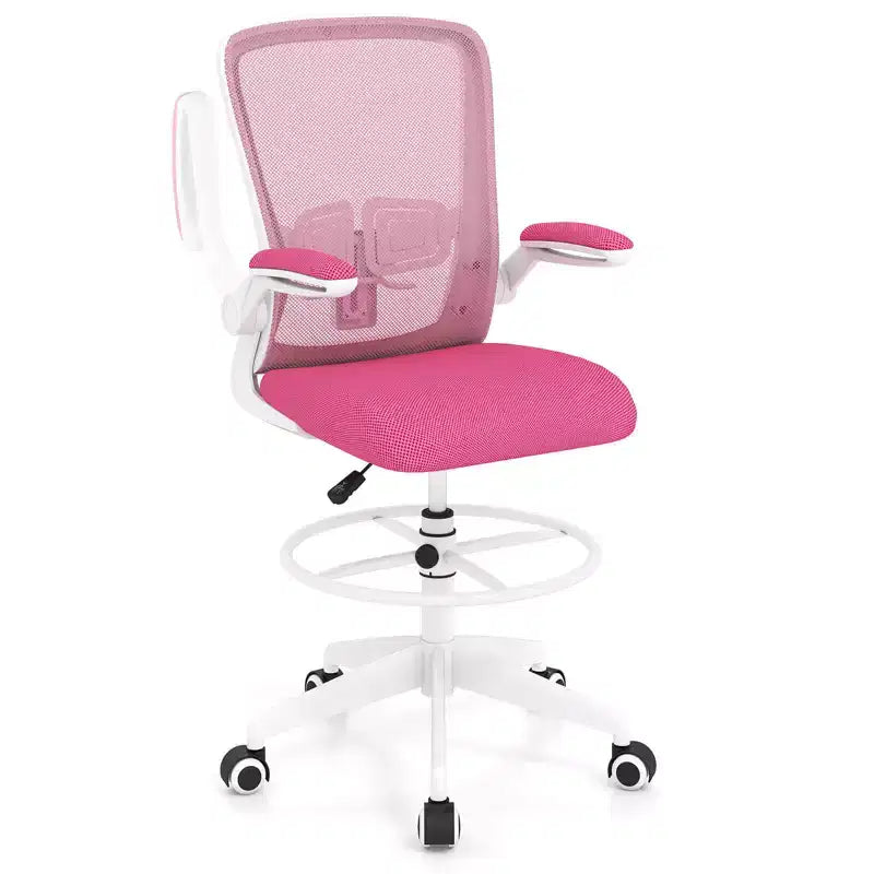 Costway Adjustable Swivel Drafting Chair with Flip-Up Armrests Adjustable Lumbar Support Black&White/Black
