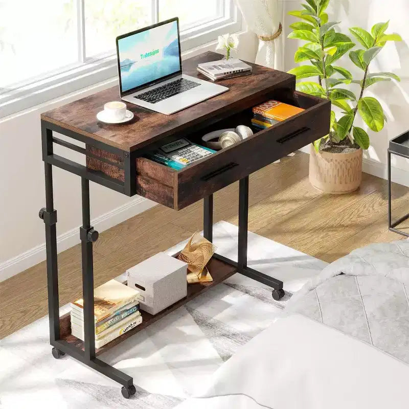 Scrivania portatile Lantine con cassetti, scrivania mobile per laptop con ruote, piccola scrivania in piedi per l'home office