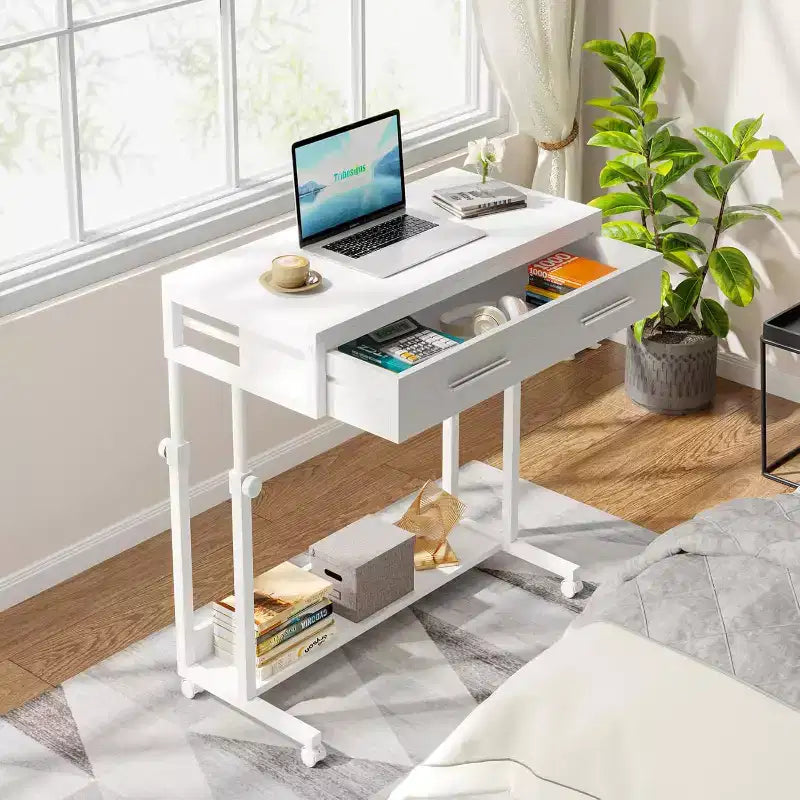 Scrivania portatile Lantine con cassetti, scrivania mobile per laptop con ruote, piccola scrivania in piedi per l'home office