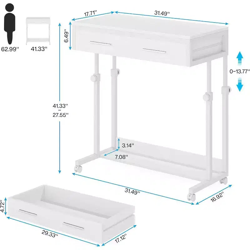 Scrivania portatile Lantine con cassetti, scrivania mobile per laptop con ruote, piccola scrivania in piedi per l'home office