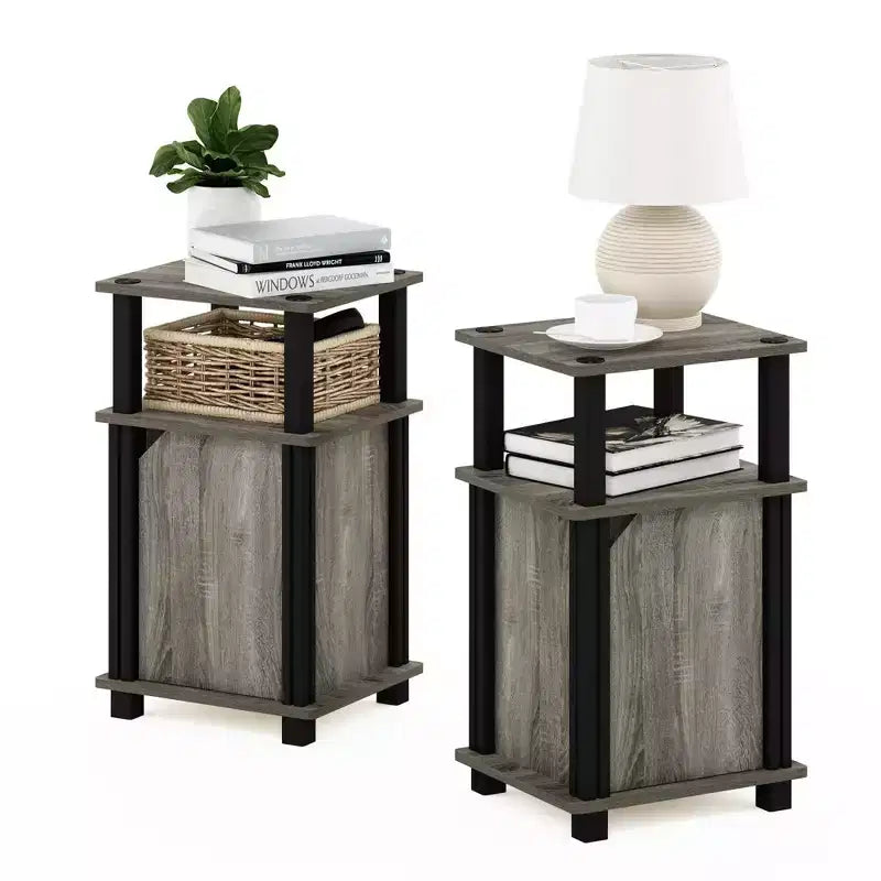 Furinno 2PCS Mid-Century 3-Tier Sofa Side Telephone Table Nightstand Accent End Table w/Storage Cabinet&Open Display Bookshelf,French Oak/Black
