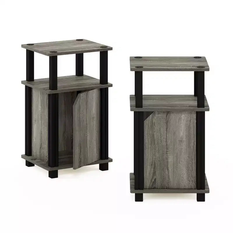 Furinno 2PCS Mid-Century 3-Tier Sofa Side Telephone Table Nightstand Accent End Table w/Storage Cabinet&Open Display Bookshelf,French Oak/Black