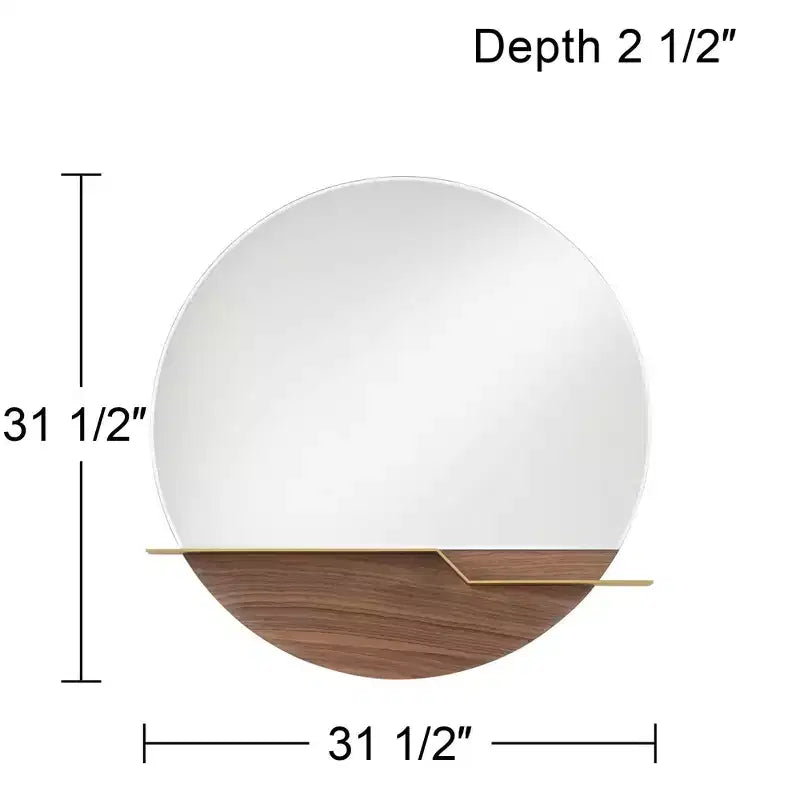 Possini Euro Design Loft Round Vanity Wall Mirror with Gold Shelf Modern Beveled Glass Brown Wood Frame 31 1/2 Wide for Bathroom