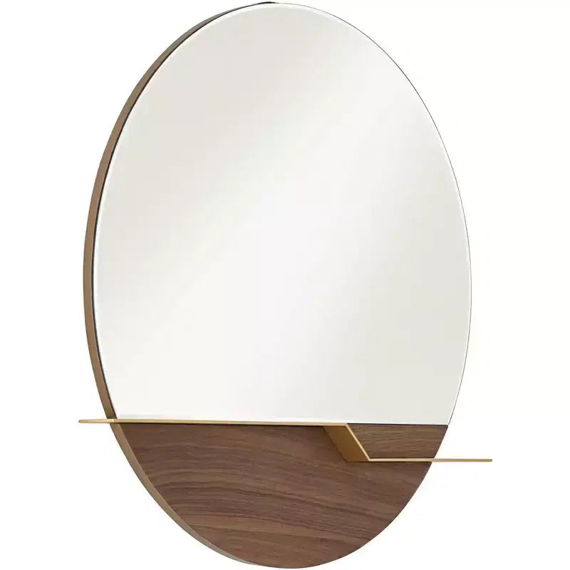 Possini Euro Design Loft Round Vanity Wall Mirror with Gold Shelf Modern Beveled Glass Brown Wood Frame 31 1/2 Wide for Bathroom