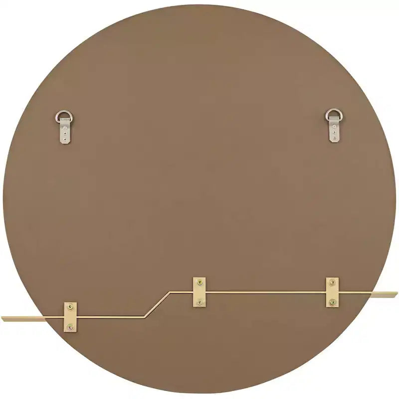 Possini Euro Design Loft Round Vanity Wall Mirror with Gold Shelf Modern Beveled Glass Brown Wood Frame 31 1/2 Wide for Bathroom