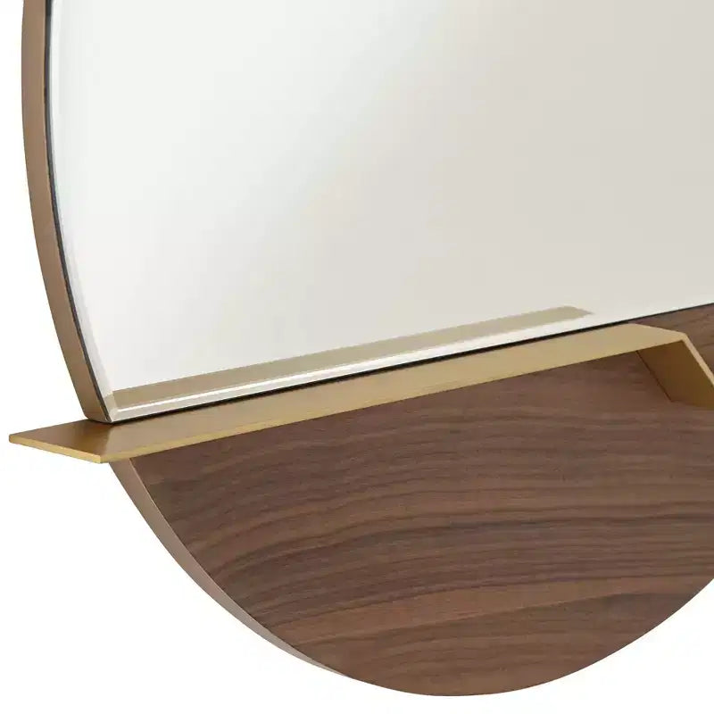 Possini Euro Design Loft Round Vanity Wall Mirror with Gold Shelf Modern Beveled Glass Brown Wood Frame 31 1/2 Wide for Bathroom