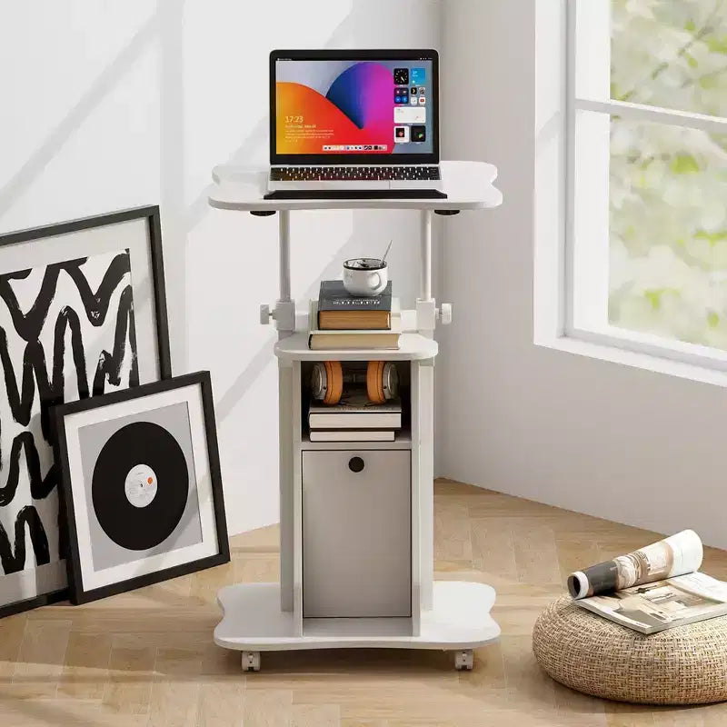 Costway 2 PCS Mobile Podium Stand Office Laptop Cart with Storage Adjustable Height White/Black