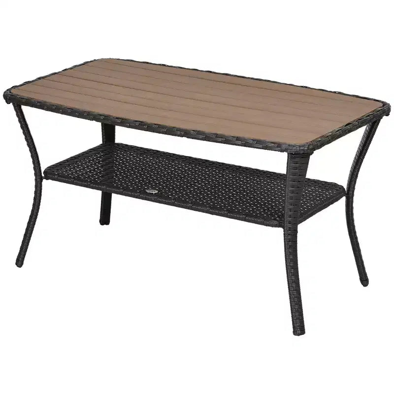 Outsunny Patio PE Rattan Outdoor Coffee Table with Storage Shelf, Wicker Side Table with Wood-Plastic Composite Top, Mixed Brown