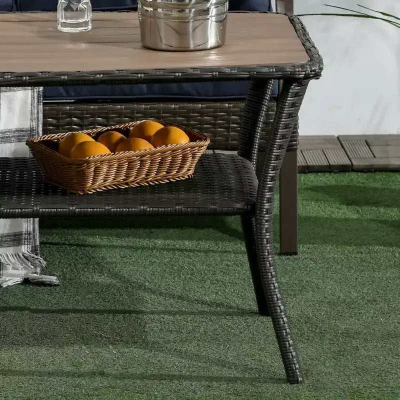 Outsunny Patio PE Rattan Outdoor Coffee Table with Storage Shelf, Wicker Side Table with Wood-Plastic Composite Top, Mixed Brown