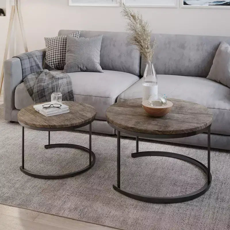 Lavish Home Set of 2 Round Nesting Coffee Table  Modern Industrial Living Room Tables