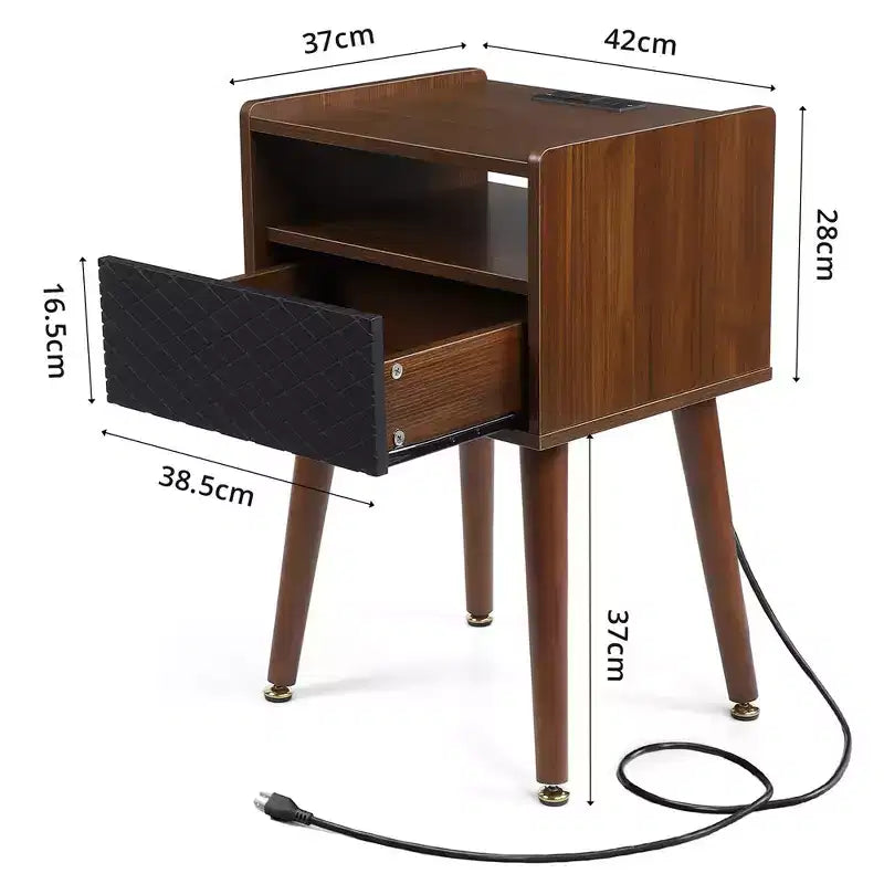 Mid-Century Nightstand with Drawers, Side Table with Charging Station