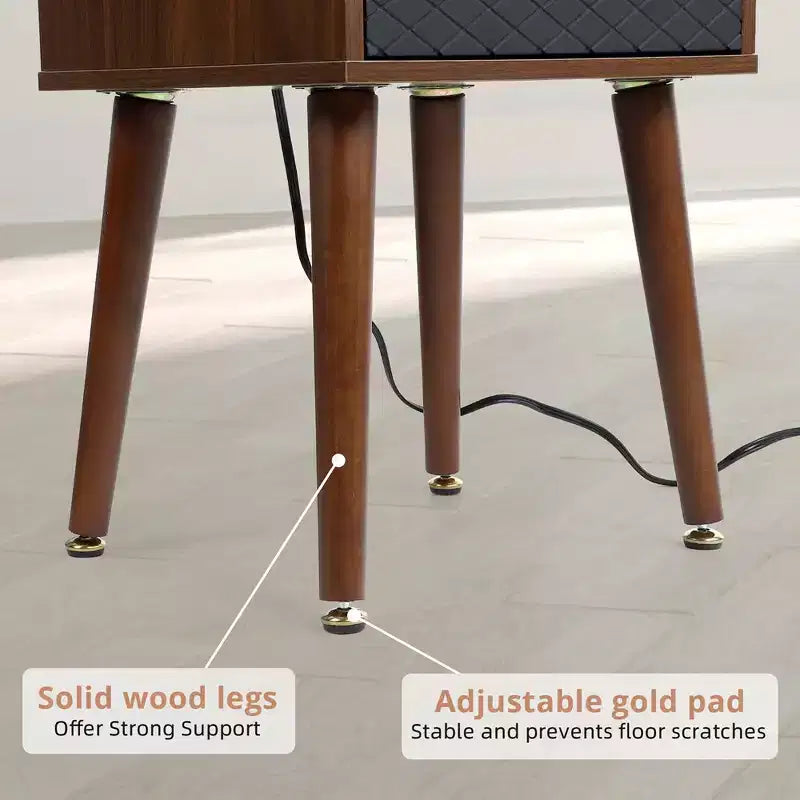 Mid-Century Nightstand with Drawers, Side Table with Charging Station