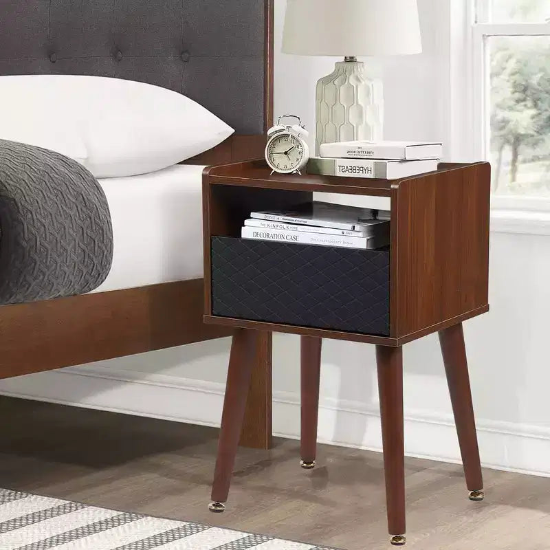 Mid-Century Nightstand with Drawers, Side Table with Charging Station