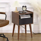 Mid-Century Nightstand with Drawers, Side Table with Charging Station