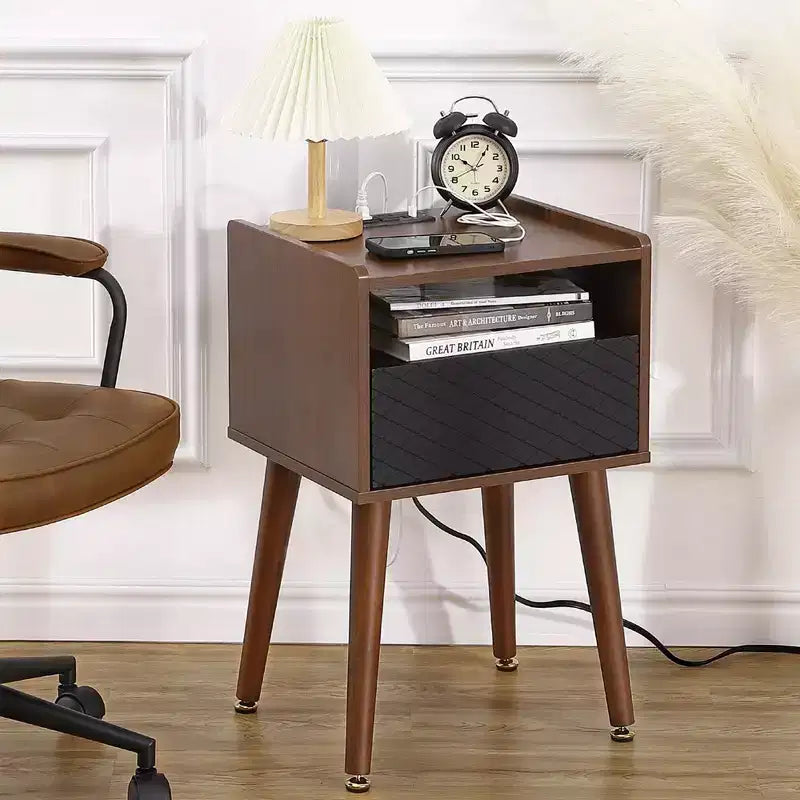 Mid-Century Nightstand with Drawers, Side Table with Charging Station