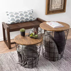 Hasting Home Set of 2 Nesting Tables with Storage - End Tables with Removable Wood Tops and Metal Basket Frame