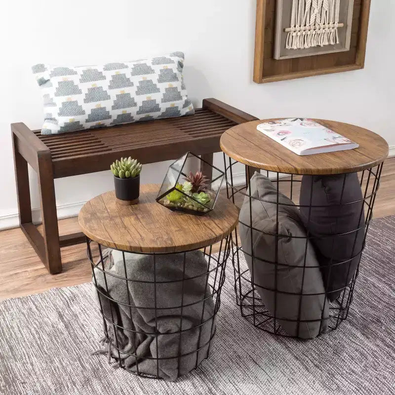 Hasting Home Set of 2 Nesting Tables with Storage - End Tables with Removable Wood Tops and Metal Basket Frame