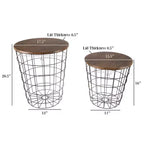 Hasting Home Set of 2 Nesting Tables with Storage - End Tables with Removable Wood Tops and Metal Basket Frame