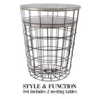 Hasting Home Set of 2 Nesting Tables with Storage - End Tables with Removable Wood Tops and Metal Basket Frame