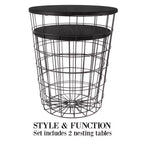 Hasting Home Set of 2 Nesting Tables with Storage - End Tables with Removable Wood Tops and Metal Basket Frame