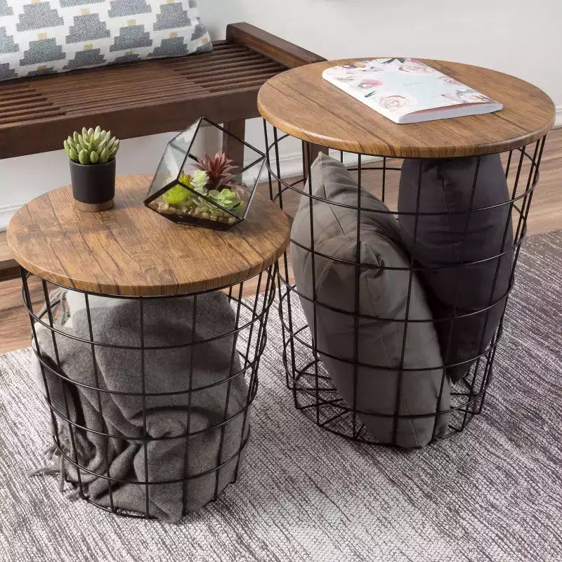 Hasting Home Set of 2 Nesting Tables with Storage - End Tables with Removable Wood Tops and Metal Basket Frame