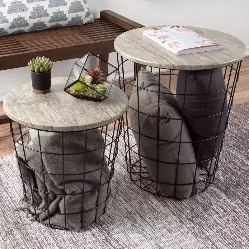 Hasting Home Set of 2 Nesting Tables with Storage - End Tables with Removable Wood Tops and Metal Basket Frame
