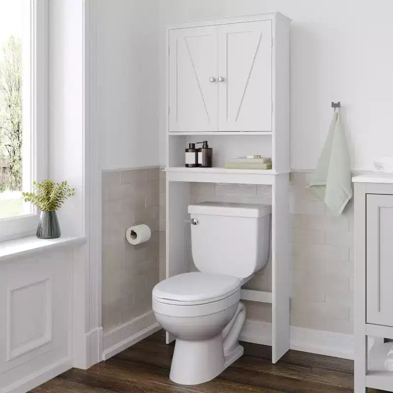 Flash Furniture Dune Farmhouse Over the Toilet Bathroom Storage Cabinet Organizer with Magnetic Closure Doors, Adjustable Cabinet Shelf, Open Lower Shelf