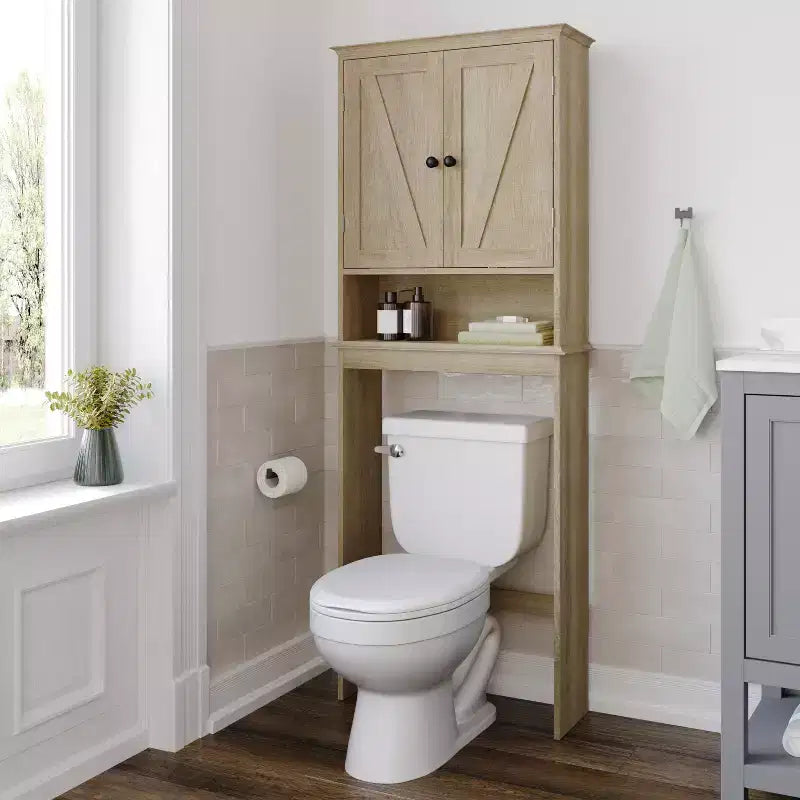 Flash Furniture Dune Farmhouse Over the Toilet Bathroom Storage Cabinet Organizer with Magnetic Closure Doors, Adjustable Cabinet Shelf, Open Lower Shelf