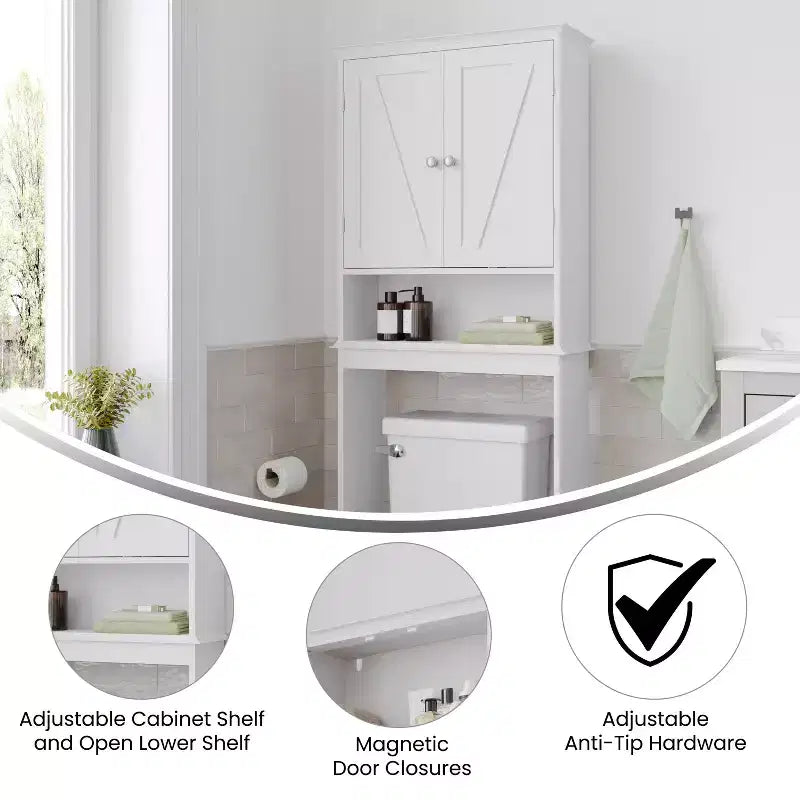 Flash Furniture Dune Farmhouse Over the Toilet Bathroom Storage Cabinet Organizer with Magnetic Closure Doors, Adjustable Cabinet Shelf, Open Lower Shelf