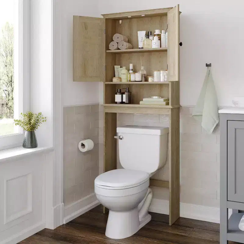 Flash Furniture Dune Farmhouse Over the Toilet Bathroom Storage Cabinet Organizer with Magnetic Closure Doors, Adjustable Cabinet Shelf, Open Lower Shelf