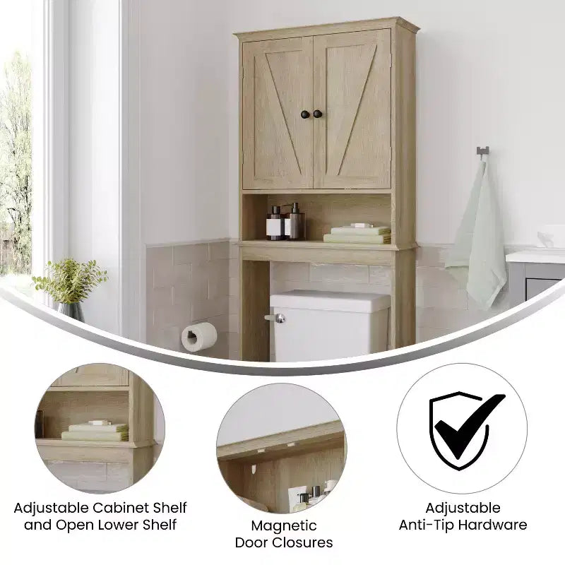 Flash Furniture Dune Farmhouse Over the Toilet Bathroom Storage Cabinet Organizer with Magnetic Closure Doors, Adjustable Cabinet Shelf, Open Lower Shelf