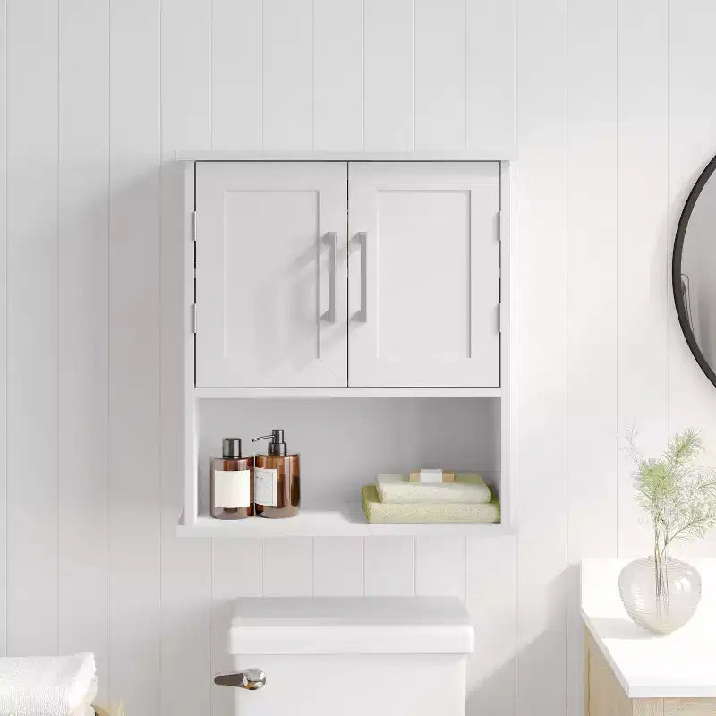 Flash Furniture Vega Wall Mounted Bathroom Medicine Cabinet Storage Organizer with Magnetic Closure Doors, Adjustable Shelf, and Lower Open Shelf
