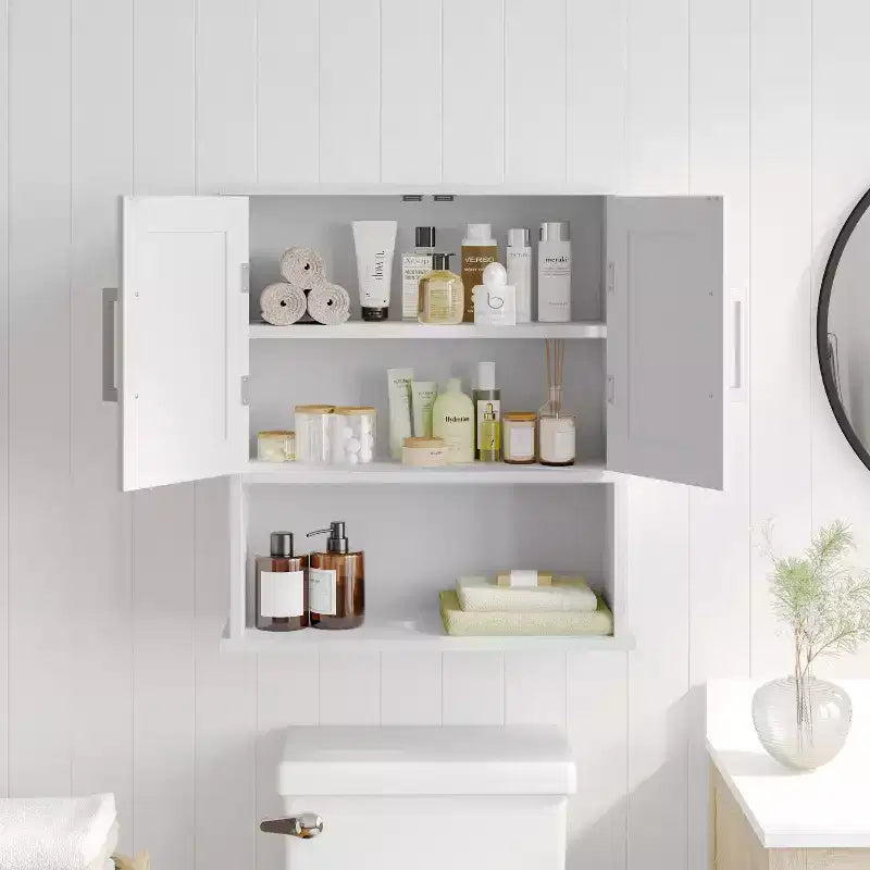 Flash Furniture Vega Wall Mounted Bathroom Medicine Cabinet Storage Organizer with Magnetic Closure Doors, Adjustable Shelf, and Lower Open Shelf