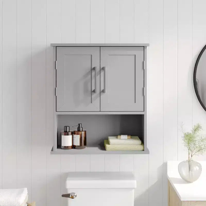Flash Furniture Vega Wall Mounted Bathroom Medicine Cabinet Storage Organizer with Magnetic Closure Doors, Adjustable Shelf, and Lower Open Shelf