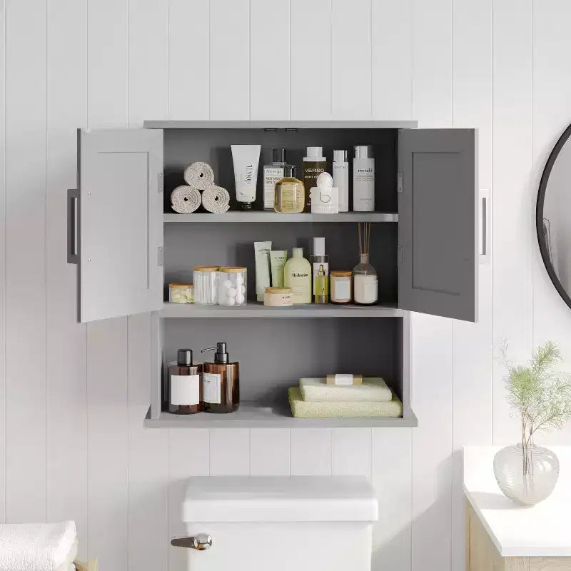 Flash Furniture Vega Wall Mounted Bathroom Medicine Cabinet Storage Organizer with Magnetic Closure Doors, Adjustable Shelf, and Lower Open Shelf