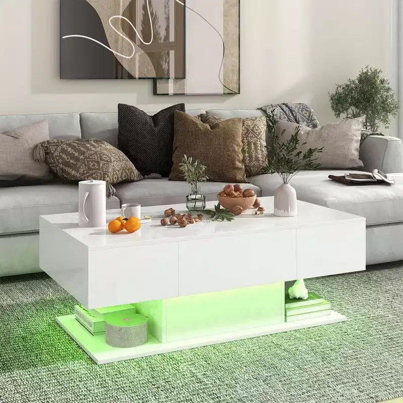 Costway LED Coffee Table with 2 Drawers 20-Color Dimmable LED Lights & Remote Control White/Black