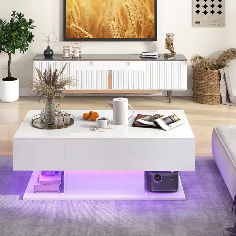 Costway LED Coffee Table with 2 Drawers 20-Color Dimmable LED Lights & Remote Control White/Black