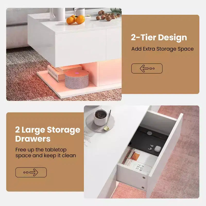 Costway LED Coffee Table with 2 Drawers 20-Color Dimmable LED Lights & Remote Control White/Black