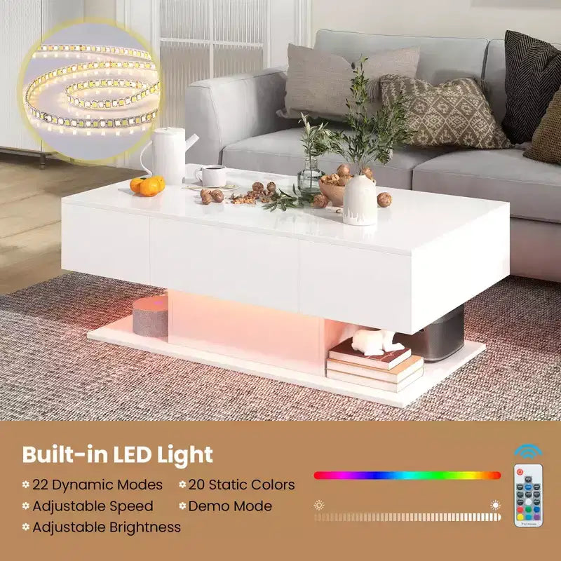 Costway LED Coffee Table with 2 Drawers 20-Color Dimmable LED Lights & Remote Control White/Black