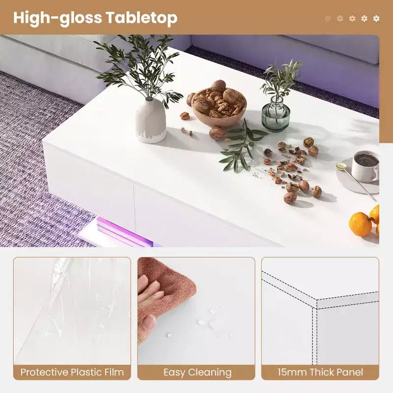 Costway LED Coffee Table with 2 Drawers 20-Color Dimmable LED Lights & Remote Control White/Black