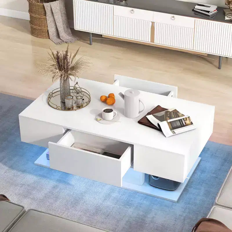 Costway LED Coffee Table with 2 Drawers 20-Color Dimmable LED Lights & Remote Control White/Black