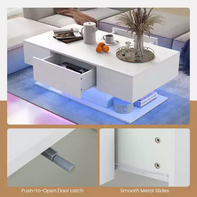 Costway LED Coffee Table with 2 Drawers 20-Color Dimmable LED Lights & Remote Control White/Black