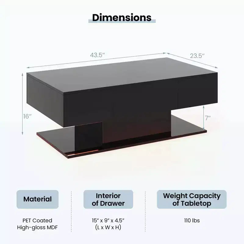 Costway LED Coffee Table with 2 Drawers 20-Color Dimmable LED Lights & Remote Control White/Black