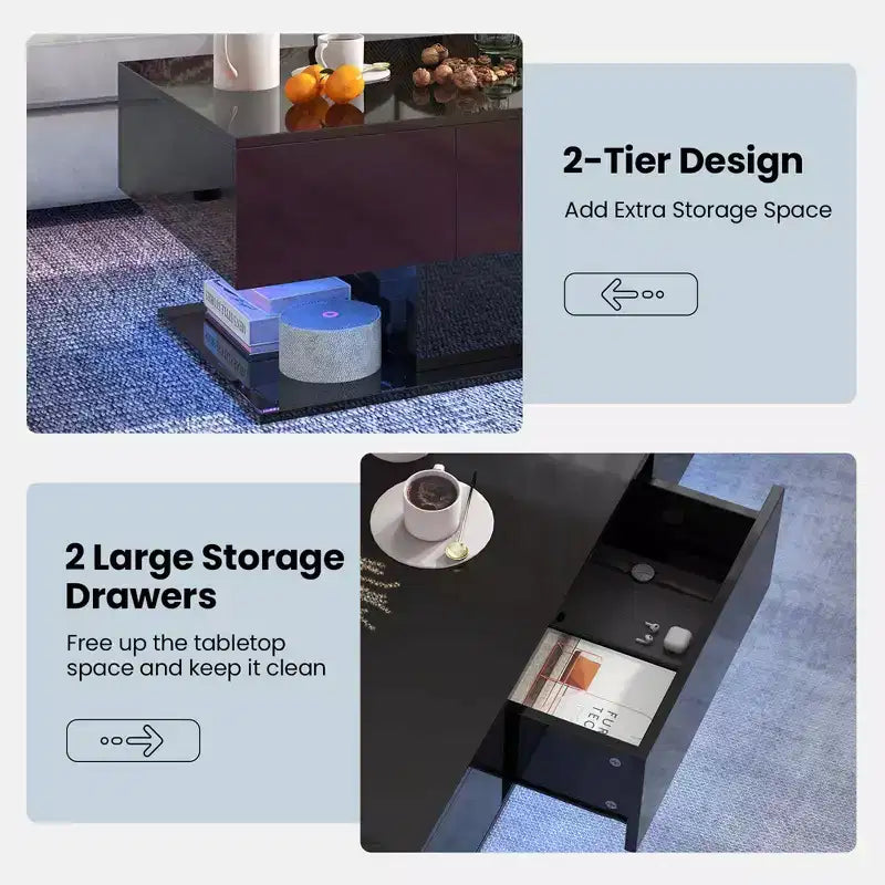 Costway LED Coffee Table with 2 Drawers 20-Color Dimmable LED Lights & Remote Control White/Black
