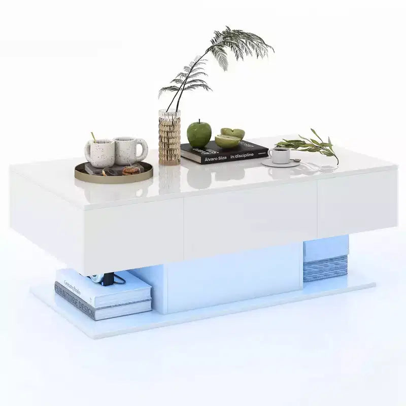 Costway LED Coffee Table with 2 Drawers 20-Color Dimmable LED Lights & Remote Control White/Black